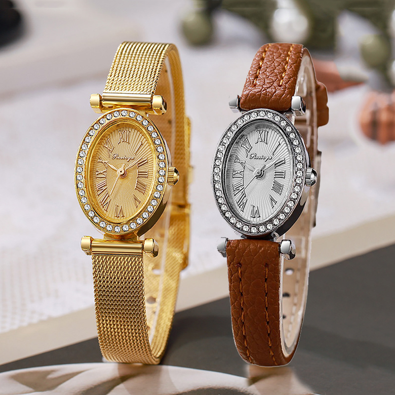 Luxury Watch Leather Strap - Luxe Dameshorloge Mode Ovaal Diamanten Wijzerplaat