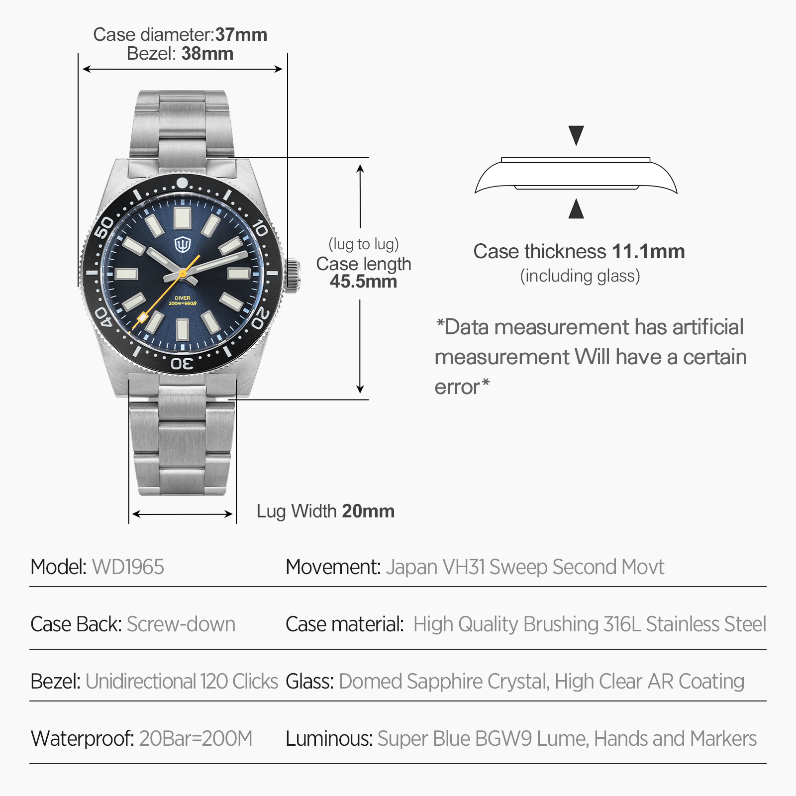 Watchdives 37Mm WD1965 V2 Man  - Luxury Watch For Men recensie en prijs